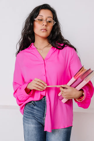 Silky Satin Button Up Top | Fuchsia