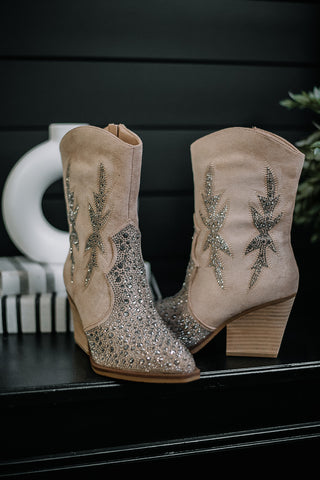 TAUPE LUX RHINESTONE BOOTIE