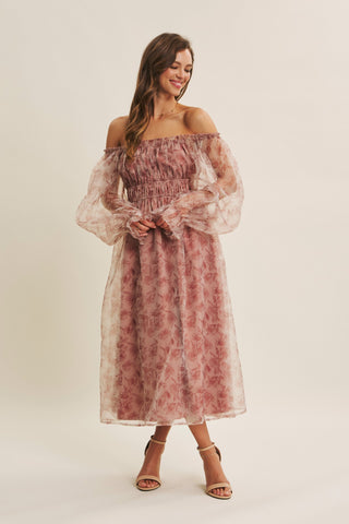 Ethereal Grace Floral Organza Midi Dress
