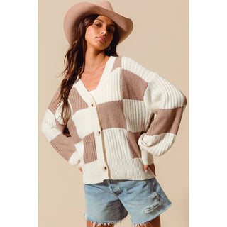 Checkered Front Button Cardigan