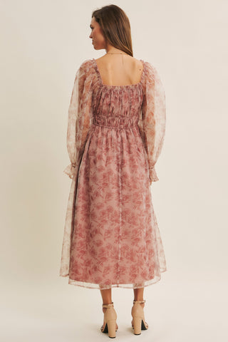 Ethereal Grace Floral Organza Midi Dress