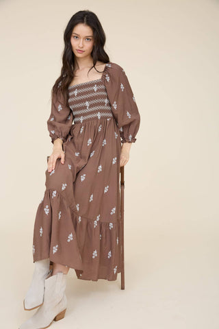 Floral Embroidery Smocked Midi Dress