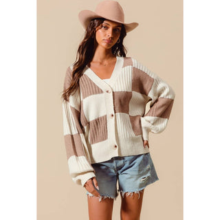 Checkered Front Button Cardigan