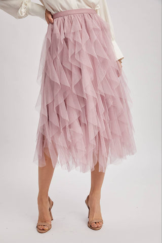 Spiral Ruffled Tulle Midi Skirt