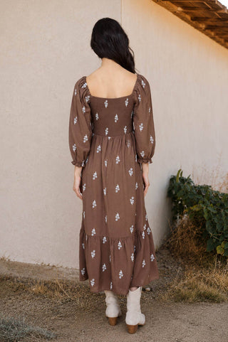 Floral Embroidery Smocked Midi Dress