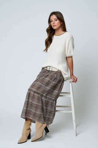 Contrast Trim Puff Sleeve Ribbed Sweater