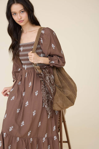 Floral Embroidery Smocked Midi Dress