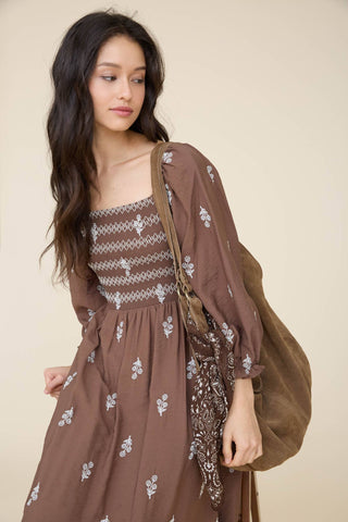 Floral Embroidery Smocked Midi Dress