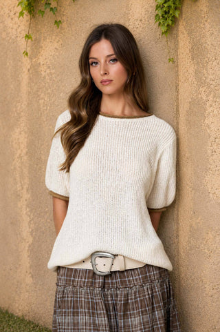 Contrast Trim Puff Sleeve Ribbed Sweater