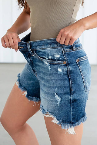Asymmetric Distressed Denim Shorts
