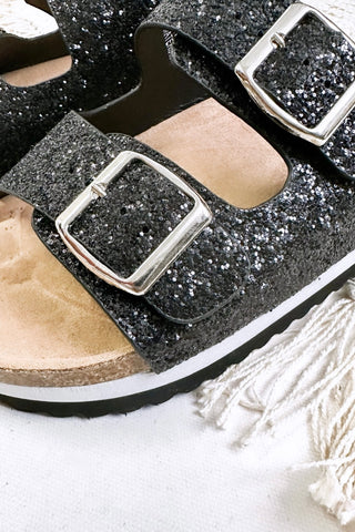 Beach Babe Two Strap Sandals | Black Glitter